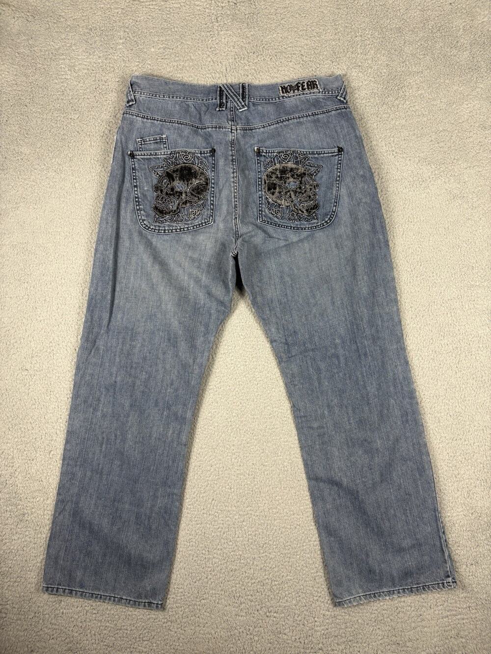 Vtg Y2K No Fear Jeans Men’s 38 Fits 37x30 Blue Baggy Skulls Grunge Skater Denim